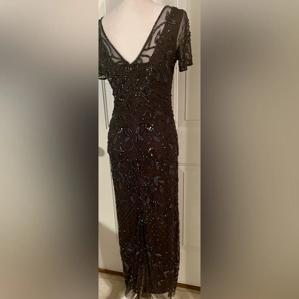 Pisarro Nights Cosmic Navy Beaded Gray Mesh Column  Formal Party Gown Size 4 - Picture 3 of 11